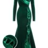 Green 1930s Velvet Off-Shoulder Ruffle-Trim Mermaid Dress -BUNBUN Fancy Clothing Shop SCHL003547 01