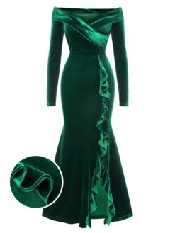 Green 1930s Velvet Off-Shoulder Ruffle-Trim Mermaid Dress