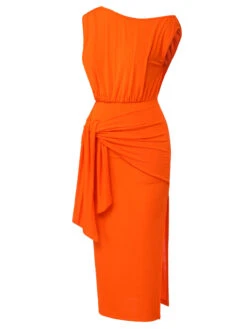 Orange 1960s Solid One Shoulder Sleeveless Dress 11 Orange 1960s Solid One Shoulder Sleeveless Dress -BUNBUN Fancy Clothing Shop SCHL003549 2