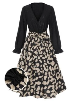 Black 1950s Leopard V-Neck Patchwork Dress