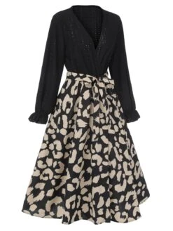 Black 1950s Leopard V-Neck Patchwork Dress -BUNBUN Fancy Clothing Shop SCHL003551 2