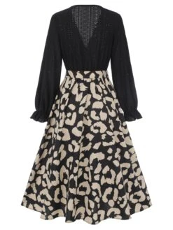 Black 1950s Leopard V-Neck Patchwork Dress -BUNBUN Fancy Clothing Shop SCHL003551 3