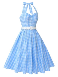 Light Blue 1950s Plaid Halter Swing Dress -BUNBUN Fancy Clothing Shop SCHL003561 2