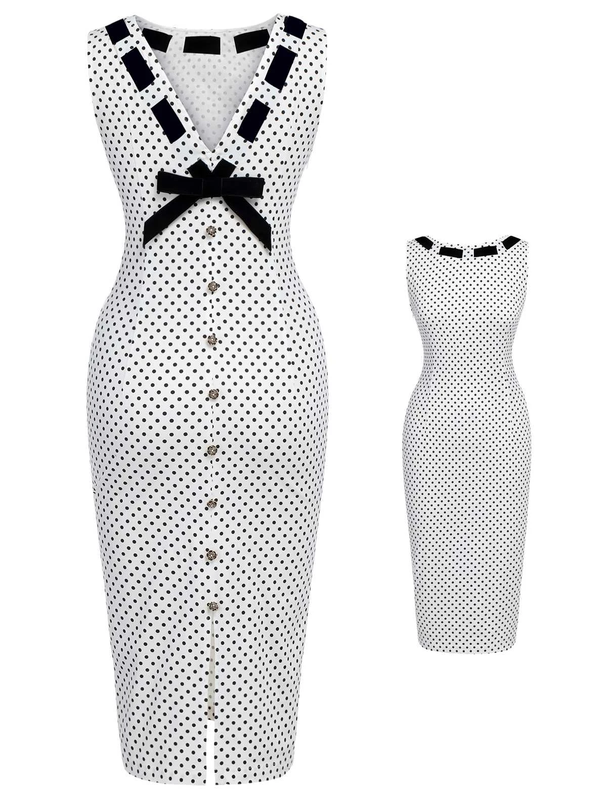 White 1960s Polka Dot Button Pencil Dress 3 White 1960s Polka Dot Button Pencil Dress