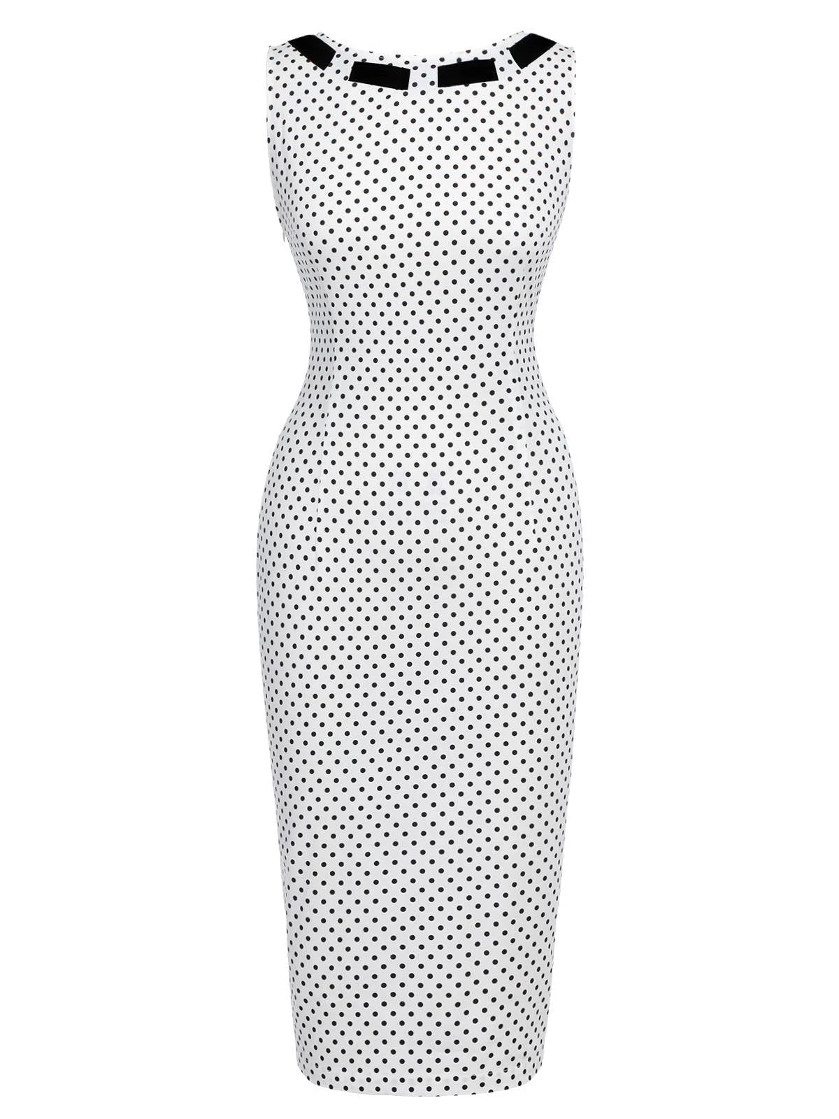 White 1960s Polka Dot Button Pencil Dress 5 White 1960s Polka Dot Button Pencil Dress - Image 3