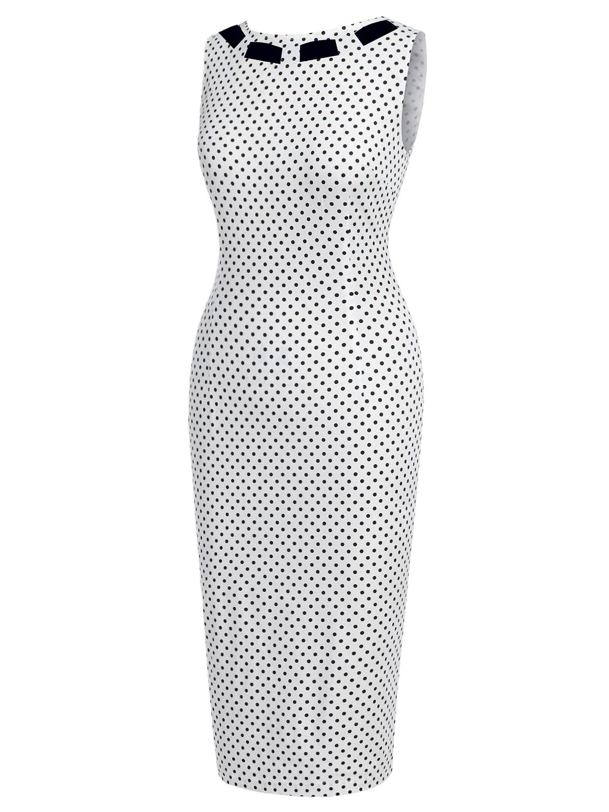 White 1960s Polka Dot Button Pencil Dress 6 White 1960s Polka Dot Button Pencil Dress - Image 4