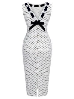 White 1960s Polka Dot Button Pencil Dress 14 White 1960s Polka Dot Button Pencil Dress -BUNBUN Fancy Clothing Shop SCHL003562 3