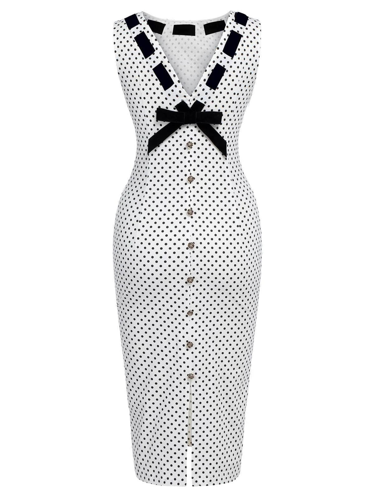 White 1960s Polka Dot Button Pencil Dress 7 White 1960s Polka Dot Button Pencil Dress - Image 5