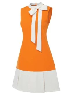 Orange 1960s Crew Bowknot Sleeveless Dress -BUNBUN Fancy Clothing Shop SCHL003564 2 compressed