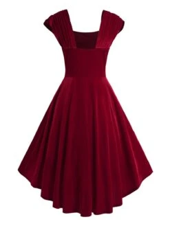 Wine Red 1950s Heart Button Solid Dress -BUNBUN Fancy Clothing Shop SCHL003573 WR 2