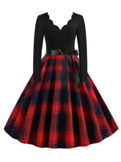 1950s V-Neck Long Sleeves Plaid Swing Dress