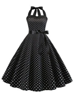 1950s Polka Dot Bow Tie Halter Swing Dress -BUNBUN Fancy Clothing Shop SCHL003645 B 1