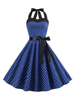 1950s Polka Dot Bow Tie Halter Swing Dress -BUNBUN Fancy Clothing Shop SCHL003645 DBL 1