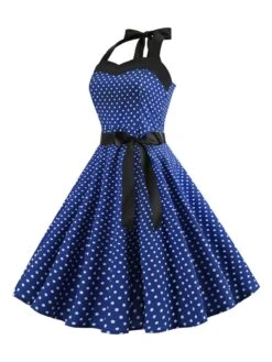 1950s Polka Dot Bow Tie Halter Swing Dress -BUNBUN Fancy Clothing Shop SCHL003645 DBL 2