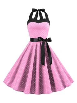 1950s Polka Dot Bow Tie Halter Swing Dress -BUNBUN Fancy Clothing Shop SCHL003645 P 1