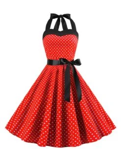 1950s Polka Dot Bow Tie Halter Swing Dress -BUNBUN Fancy Clothing Shop SCHL003645 R 1