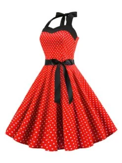 1950s Polka Dot Bow Tie Halter Swing Dress -BUNBUN Fancy Clothing Shop SCHL003645 R 2