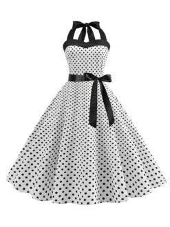 1950s Polka Dot Bow Tie Halter Swing Dress -BUNBUN Fancy Clothing Shop SCHL003645 W 1