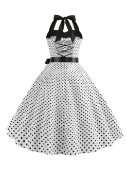 1950s Polka Dot Bow Tie Halter Swing Dress -BUNBUN Fancy Clothing Shop SCHL003645 W 3