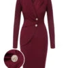 Purplish Red 1940s Solid Long Sleeved Lapel Dress -BUNBUN Fancy Clothing Shop SCHL003652 01