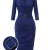 Blue 1940s Solid V-Neck Dress With Belt