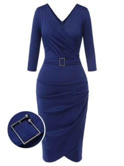 Blue 1940s Solid V-Neck Dress With Belt