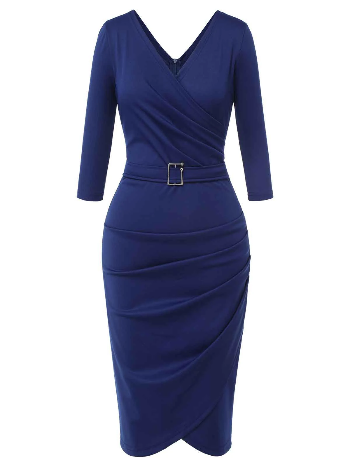 Blue 1940s Solid V-Neck Dress With Belt 4 Blue 1940s Solid V-Neck Dress With Belt - Image 2