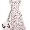 White 1950s Cherry Bow Sweetheart Neck Dress -BUNBUN Fancy Clothing Shop SCHL003660 01