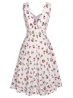 White 1950s Cherry Bow Sweetheart Neck Dress -BUNBUN Fancy Clothing Shop SCHL003660 3