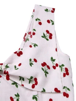 White 1950s Cherry Bow Sweetheart Neck Dress -BUNBUN Fancy Clothing Shop SCHL003660 4