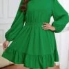 [Plus Size] Green 1940s Bell Sleeves Ruffled Hem Dress -BUNBUN Fancy Clothing Shop SCHL003669 G 1