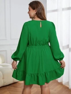 [Plus Size] Green 1940s Bell Sleeves Ruffled Hem Dress -BUNBUN Fancy Clothing Shop SCHL003669 G 4