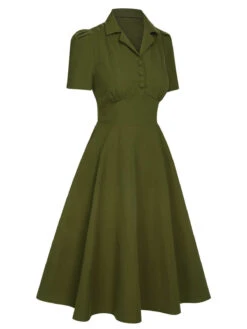 Green 1940s Lapel Buttoned Solid Dress -BUNBUN Fancy Clothing Shop SCHL003688 2 compressed