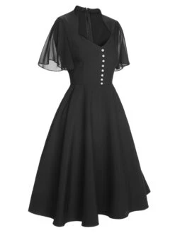 Black 1950s V-Neck Pearl Buttons Dress -BUNBUN Fancy Clothing Shop SCHL003690 2
