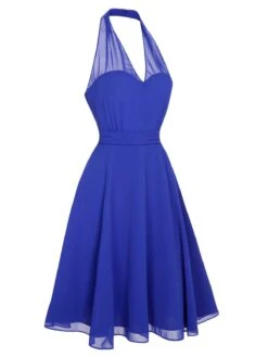 Blue 1950s Solid Chiffon Halter Dress -BUNBUN Fancy Clothing Shop SCHL003692 2 compressed