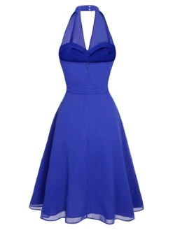 Blue 1950s Solid Chiffon Halter Dress -BUNBUN Fancy Clothing Shop SCHL003692 3 compressed