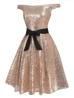Champagne 1950s Sequined Off-shoulder Dress 11 Champagne 1950s Sequined Off-shoulder Dress -BUNBUN Fancy Clothing Shop SCHL003706 2