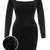 [Plus Size] Black 1940s Solid Square Neck Velvet Dress -BUNBUN Fancy Clothing Shop SCHL003720 01