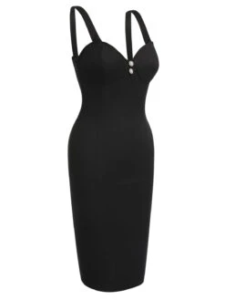 Black 1960s Solid Pearl Buttons Suspender Dress -BUNBUN Fancy Clothing Shop SCHL003730 2