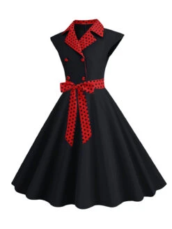 1950s Contrast Polka Dots Bowknot Belted Dress -BUNBUN Fancy Clothing Shop SCHL003737 B 1