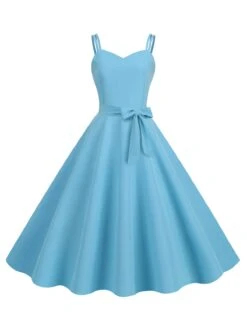 1950s Spaghetti Strap Bow Decor Solid Dress -BUNBUN Fancy Clothing Shop SCHL003738 BL 1 compressed