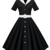 1950s Solid Contrast Lapel Belt Dress