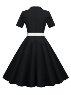 1950s Solid Contrast Lapel Belt Dress -BUNBUN Fancy Clothing Shop SCHL003739 B 3
