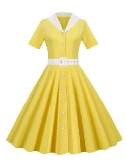 1950s Solid Contrast Lapel Belt Dress -BUNBUN Fancy Clothing Shop SCHL003739 Y 1