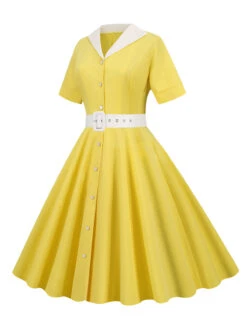 1950s Solid Contrast Lapel Belt Dress -BUNBUN Fancy Clothing Shop SCHL003739 Y 2