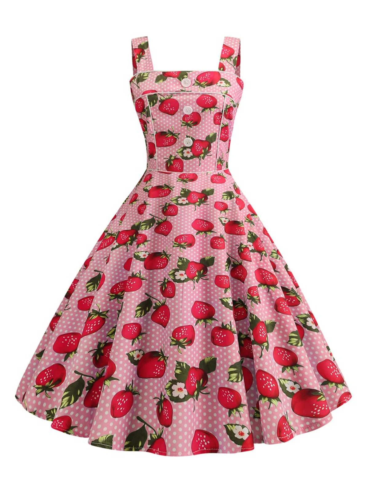 1950s Strap Strawberry Polka Dots Sleeveless Dress 3 1950s Strap Strawberry Polka Dots Sleeveless Dress