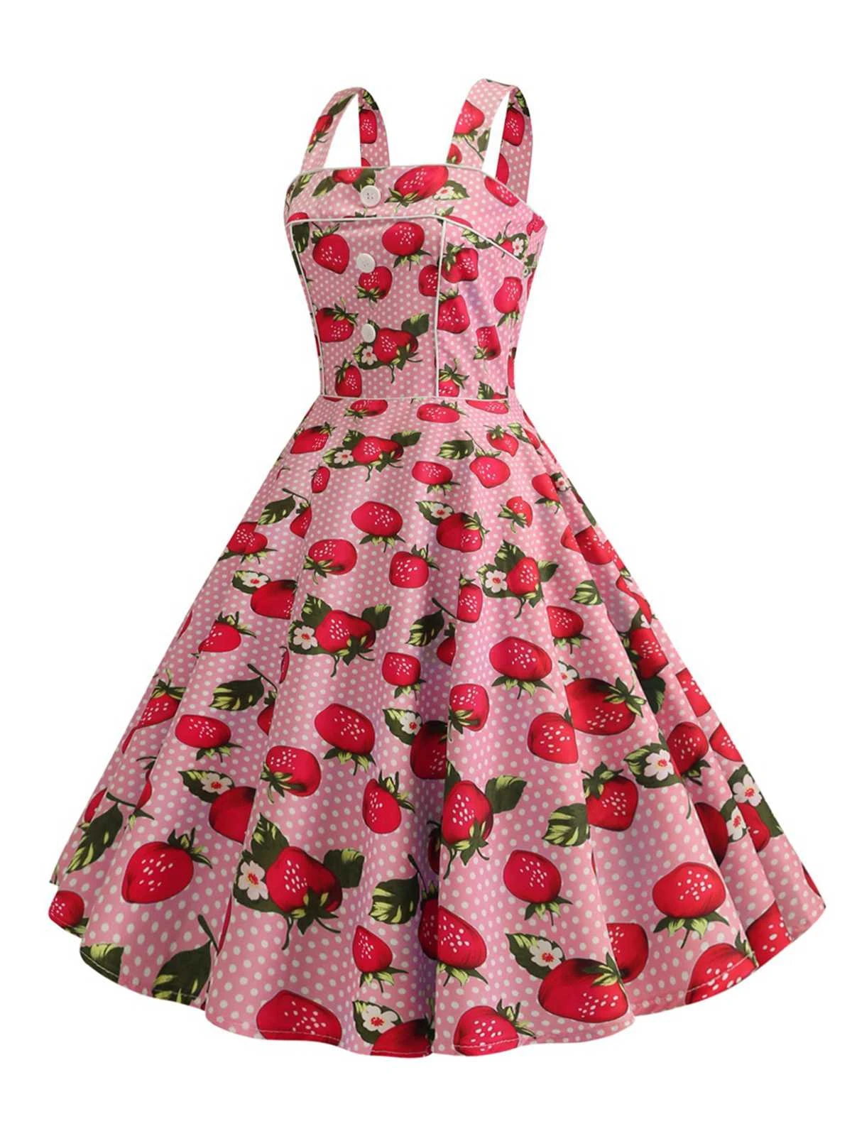 1950s Strap Strawberry Polka Dots Sleeveless Dress 4 1950s Strap Strawberry Polka Dots Sleeveless Dress - Image 2