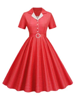 1950s Window Pane Plaid Lapel Swing Dress 20 1950s Window Pane Plaid Lapel Swing Dress -BUNBUN Fancy Clothing Shop SCHL003743 R 1