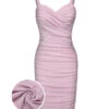 Pink 1960s Solid Glitter Pleated Strap Dress -BUNBUN Fancy Clothing Shop SCHL003785 01