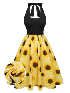 Yellow 1950s Sunflower Plaid Halter Dress